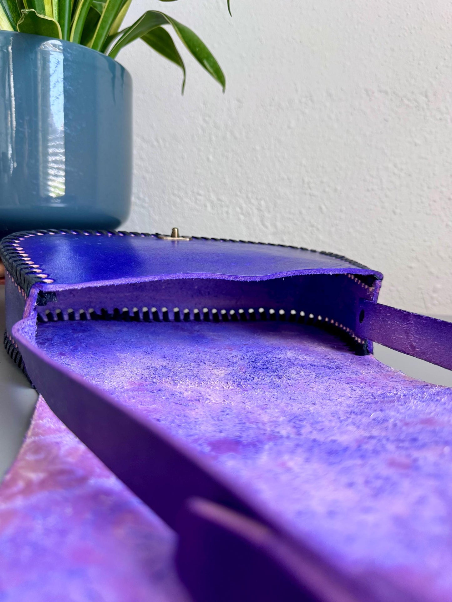Leather Hand-Tooled Embossed Mexican Floral Handbag, Handmade Violet Flower Purple Motif Purse, Artesanal Bag