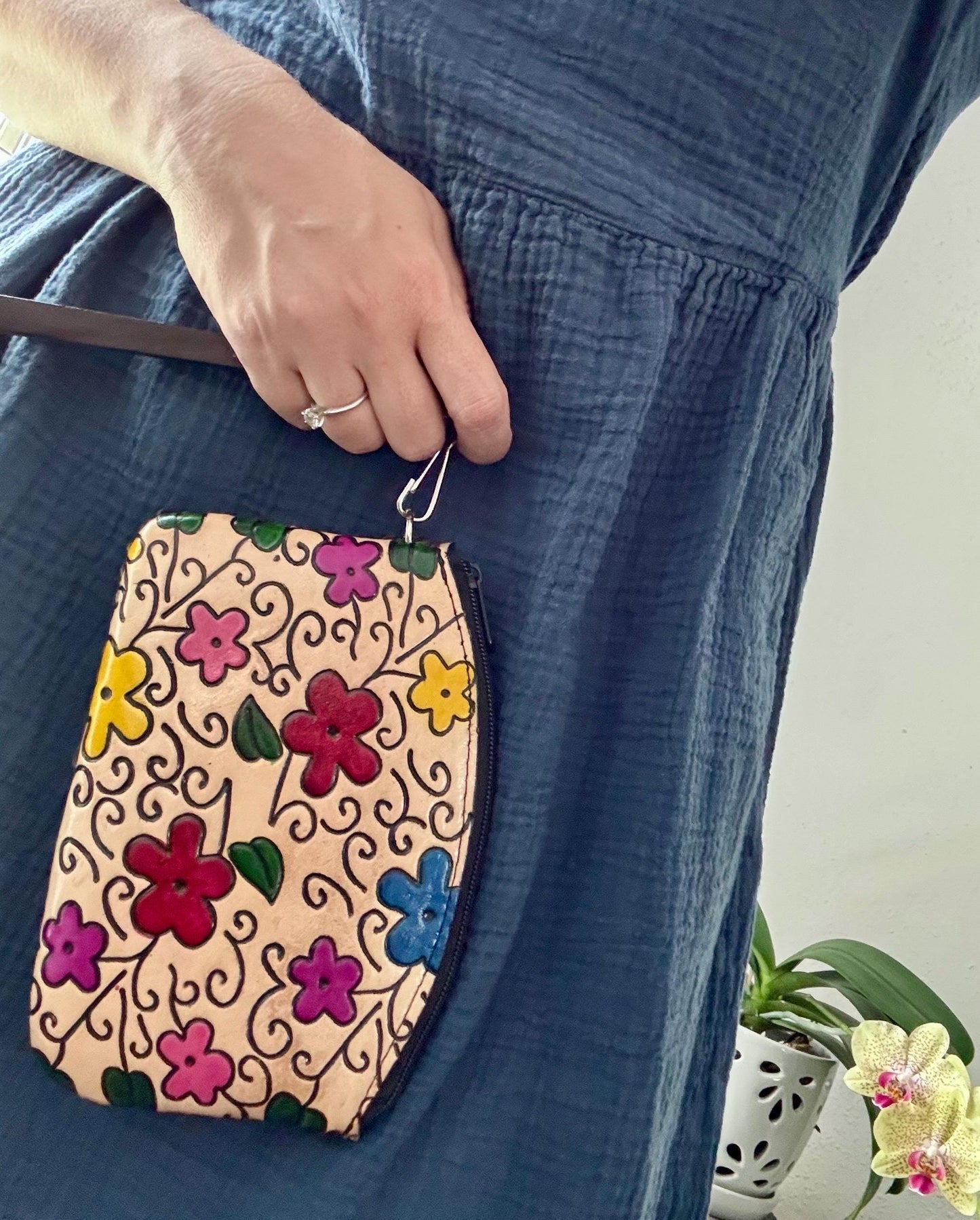 Hand-Tooled Leather Floral Wristlet Clutch | Artisan Made in Mexico, Western Chic Bag
