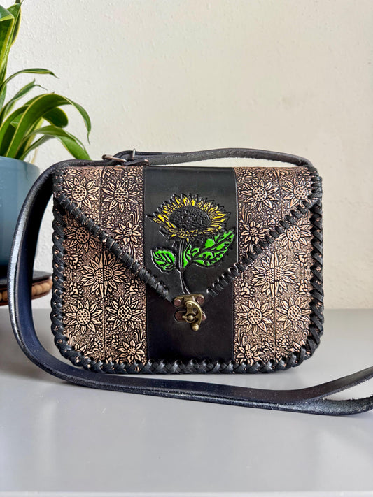 Embossed Sunflower Leather Handbag, Hand-Tooled Floral Mexican Purse, Crossbody Bag