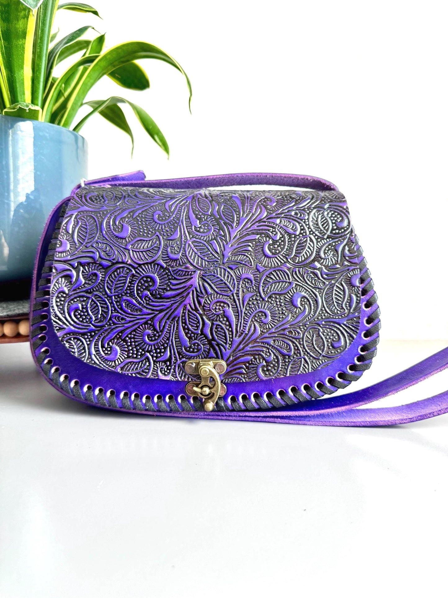 Leather Hand-Tooled Embossed Mexican Floral Handbag, Handmade Violet Flower Purple Motif Purse, Artesanal Bag