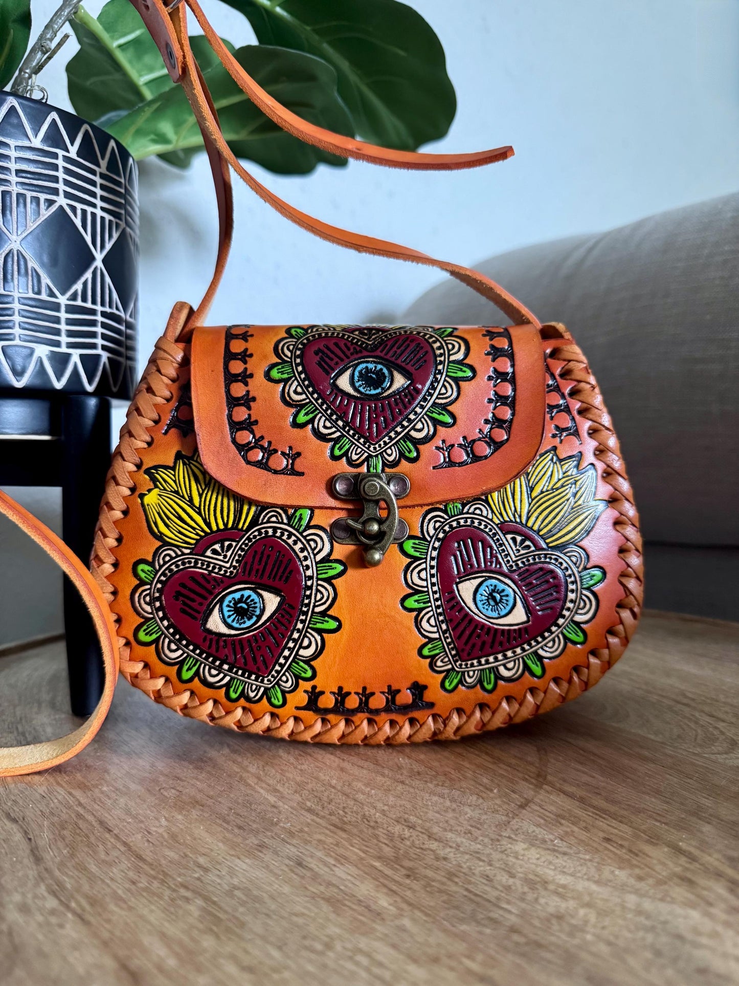 Hand-Tooled Embossed Leather Evil Eye and Sacred Heart Floral Purse: Mexican Artisan Handbag