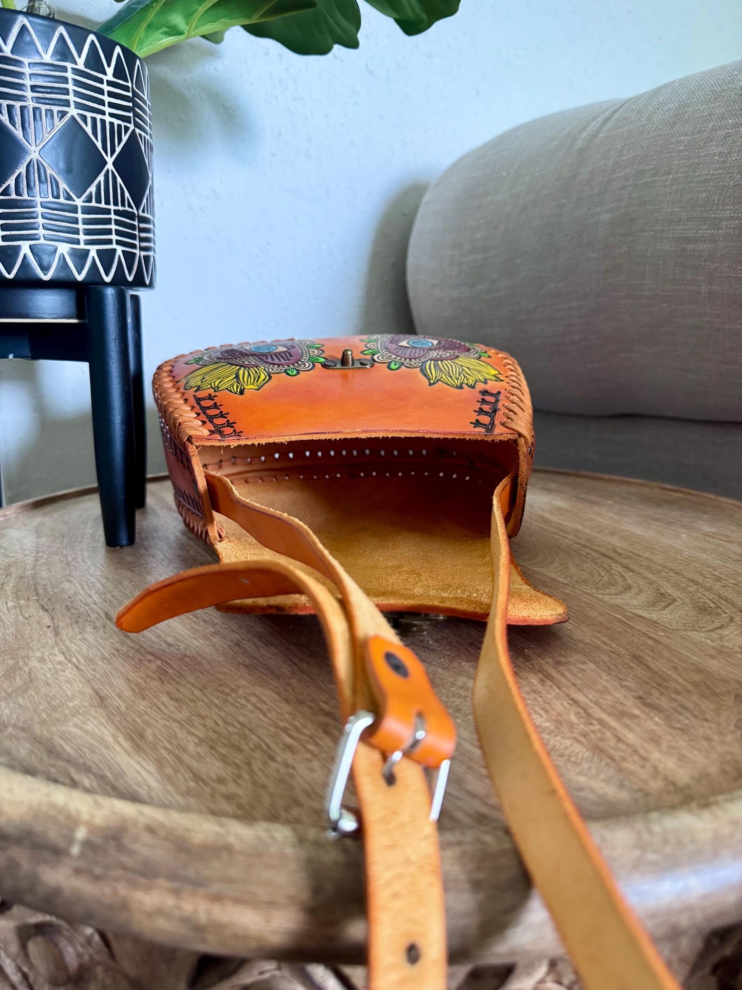 Hand-Tooled Embossed Leather Evil Eye and Sacred Heart Floral Purse: Mexican Artisan Handbag