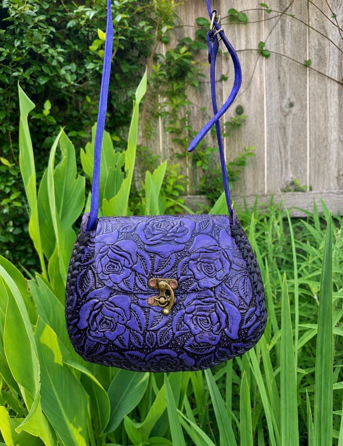 Hand-Tooled Mexican Leather Floral Crossbody Purse, Hand-Painted Artisanal Bag