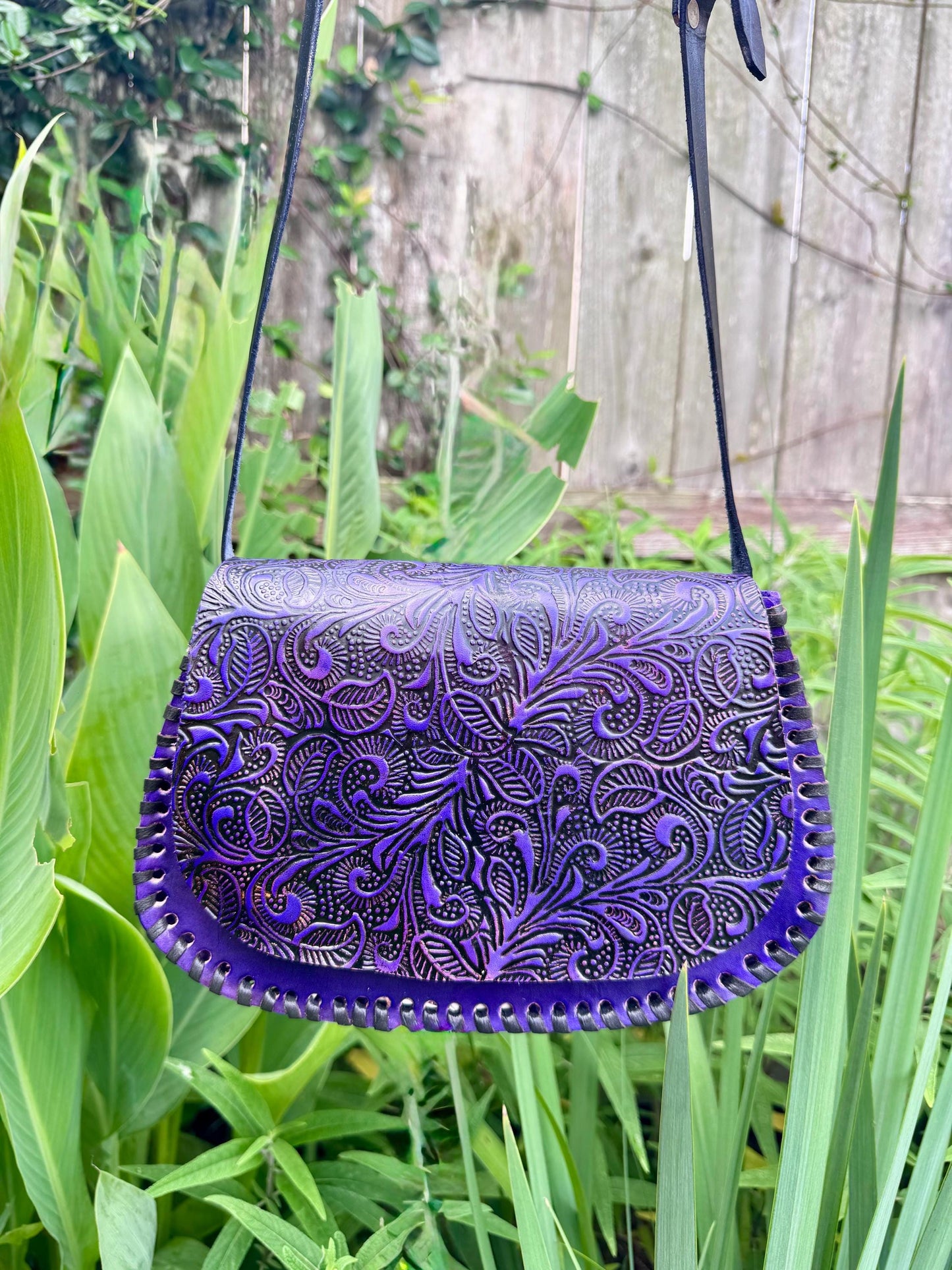 Leather Hand-Tooled Embossed Mexican Floral Handbag, Handmade Handpainted Violet Flower Purple Purse, Artesanal Bag