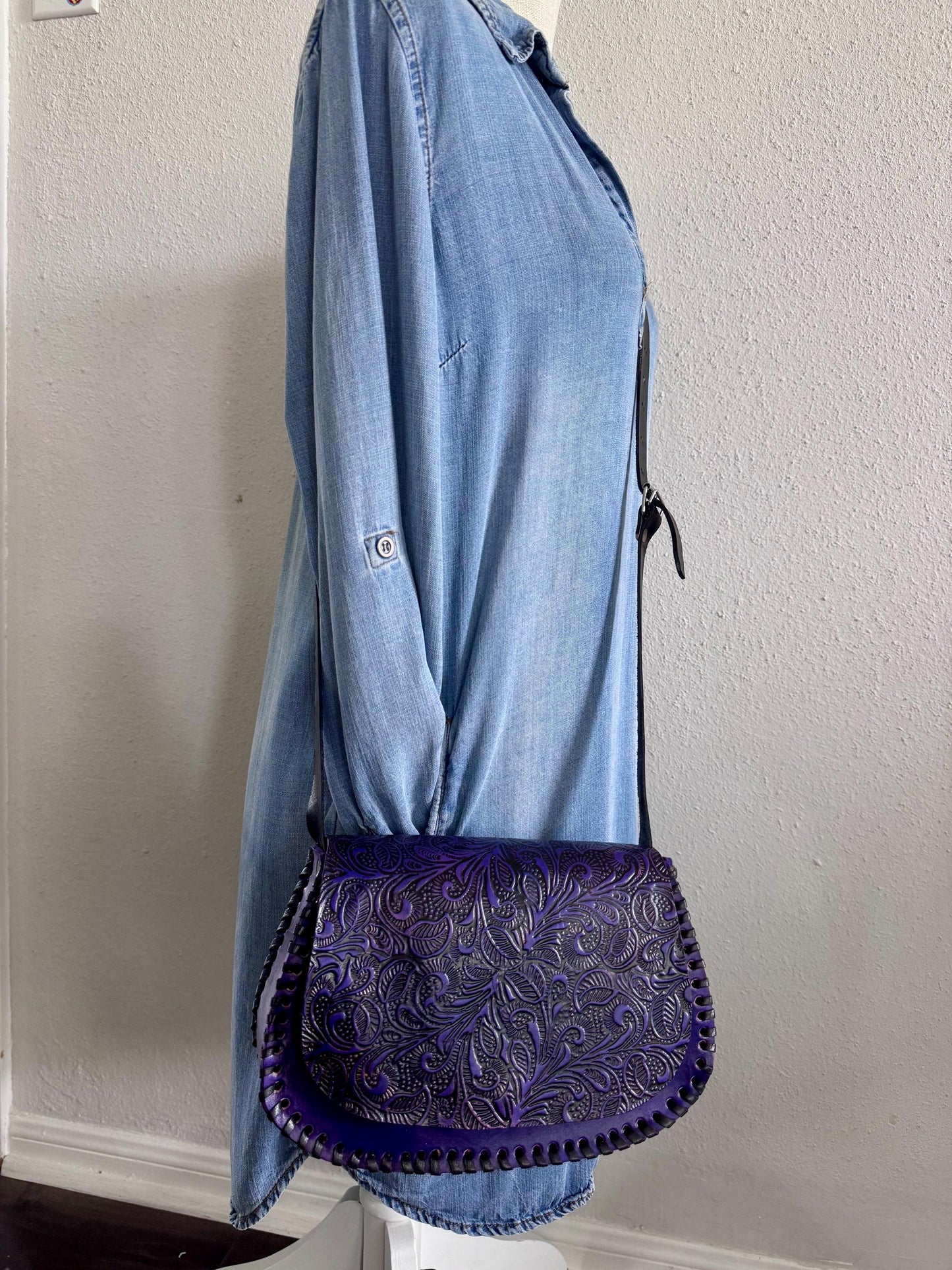 Leather Hand-Tooled Embossed Mexican Floral Handbag, Handmade Handpainted Violet Flower Purple Purse, Artesanal Bag