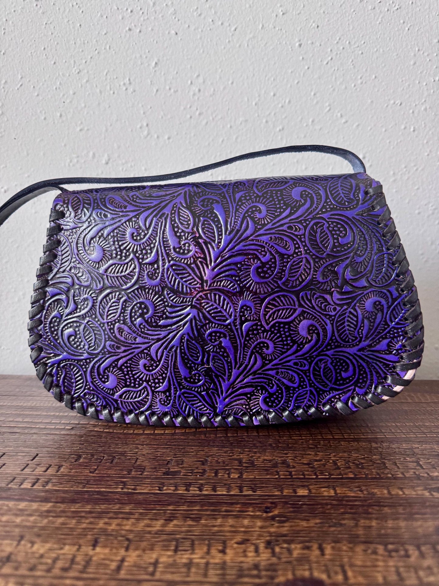 Leather Hand-Tooled Embossed Mexican Floral Handbag, Handmade Handpainted Violet Flower Purple Purse, Artesanal Bag