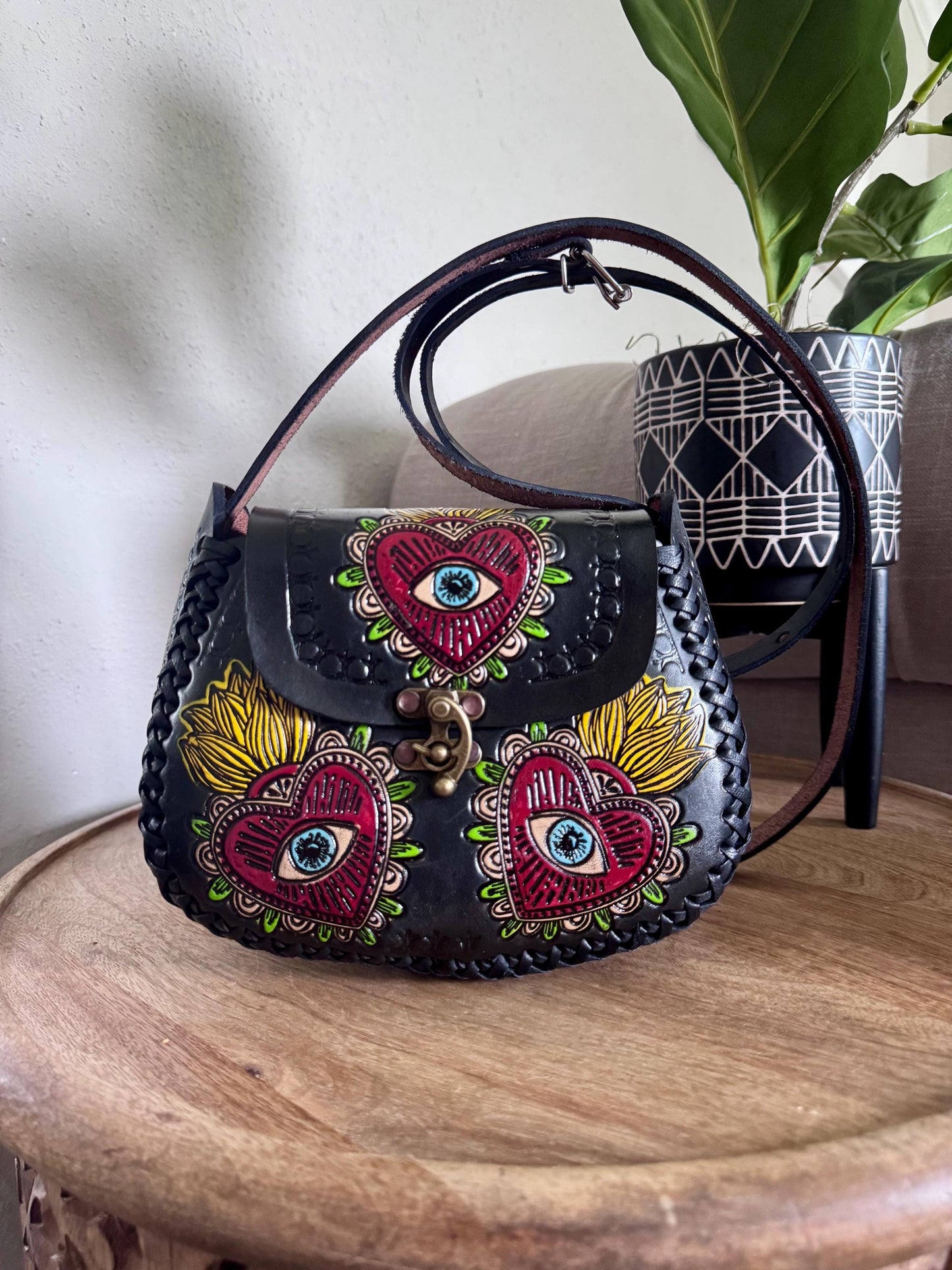 Hand-Tooled Embossed Leather Evil Eye and Sacred Heart Floral Purse: Mexican Artisan Handbag