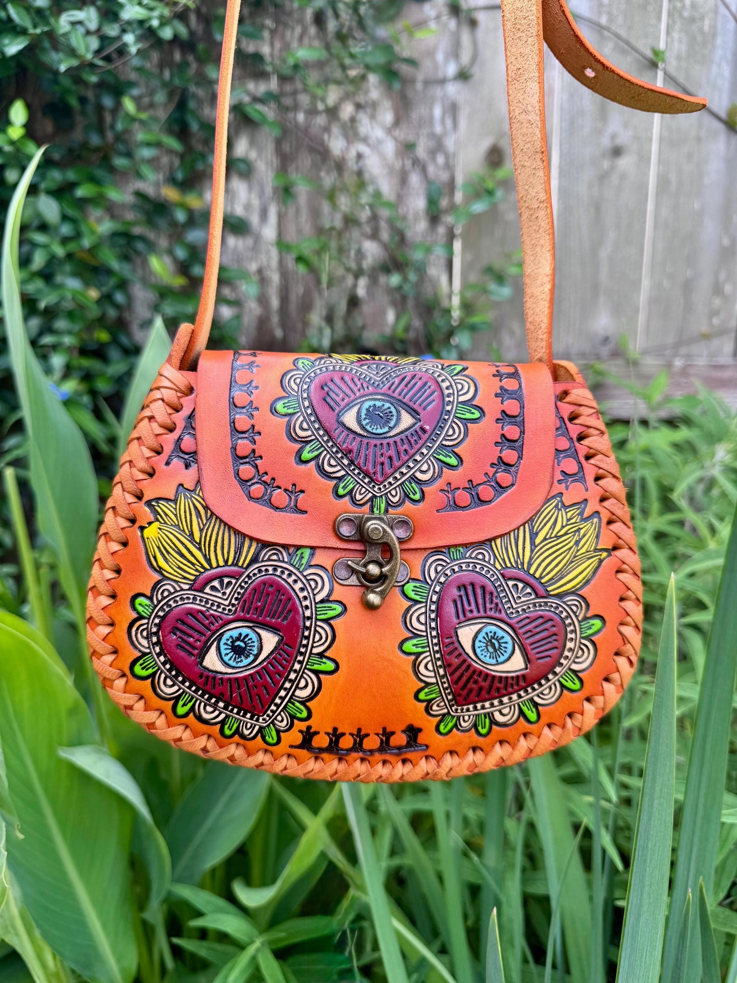 Hand-Tooled Embossed Leather Evil Eye and Sacred Heart Floral Purse: Mexican Artisan Handbag