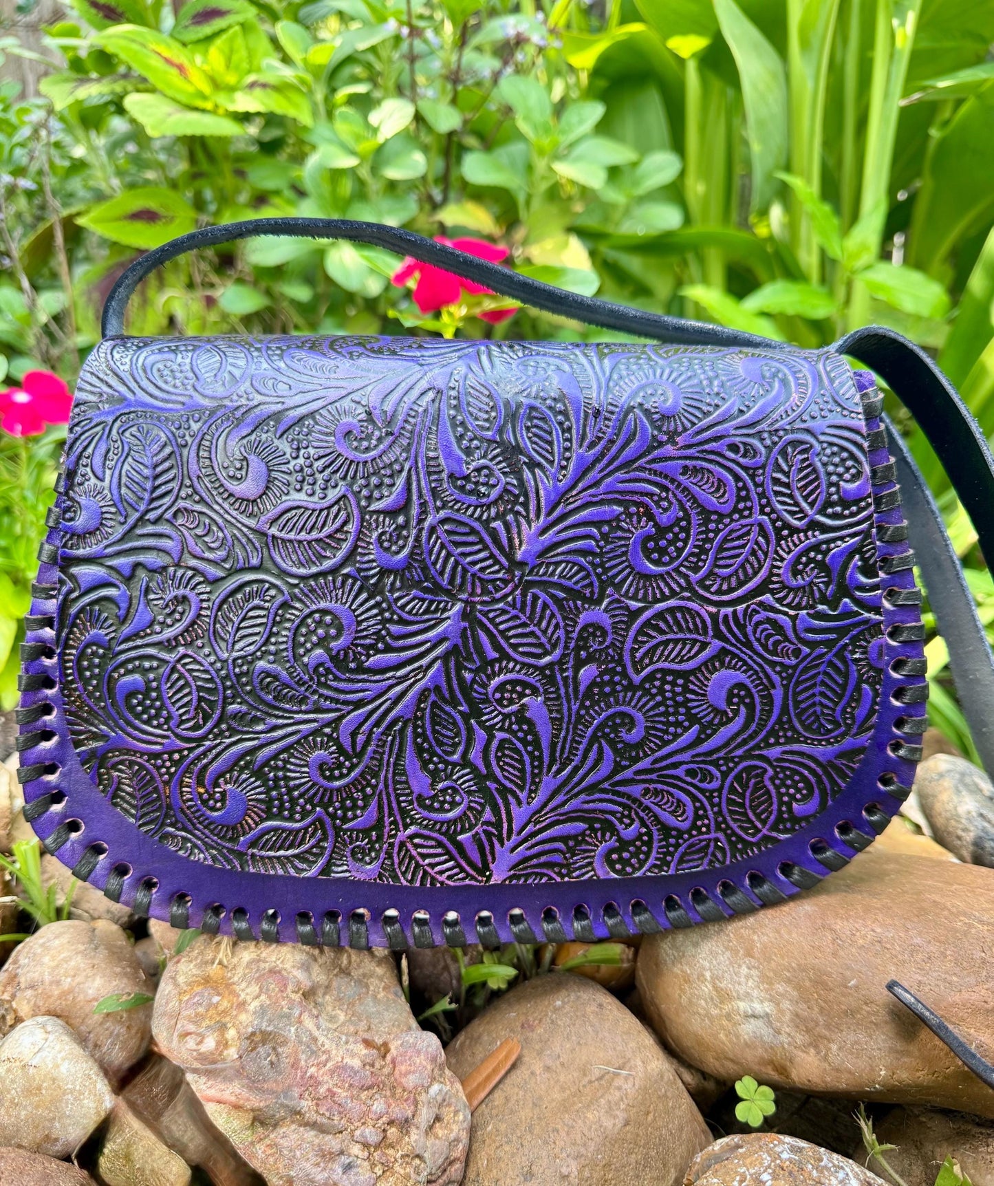 Leather Hand-Tooled Embossed Mexican Floral Handbag, Handmade Handpainted Violet Flower Purple Purse, Artesanal Bag