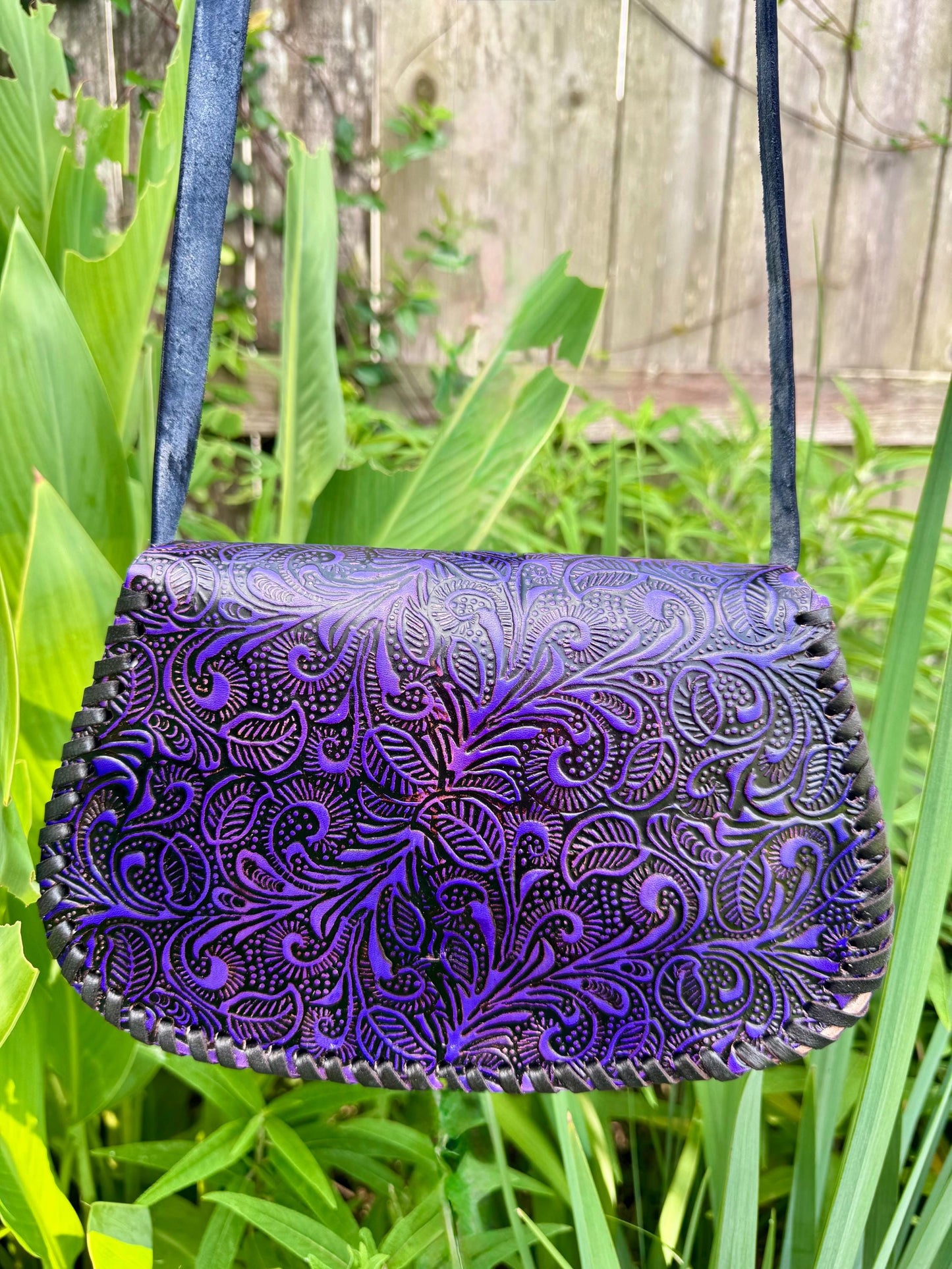 Leather Hand-Tooled Embossed Mexican Floral Handbag, Handmade Handpainted Violet Flower Purple Purse, Artesanal Bag