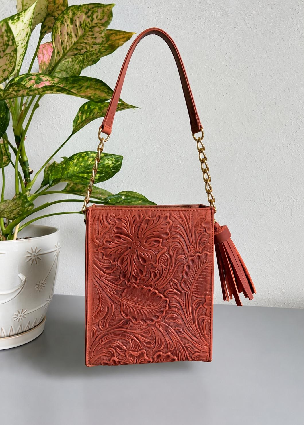 Hand-Tooled Leather Crossbody Bag: Embossed Floral Design, Handmade Mexican Purse