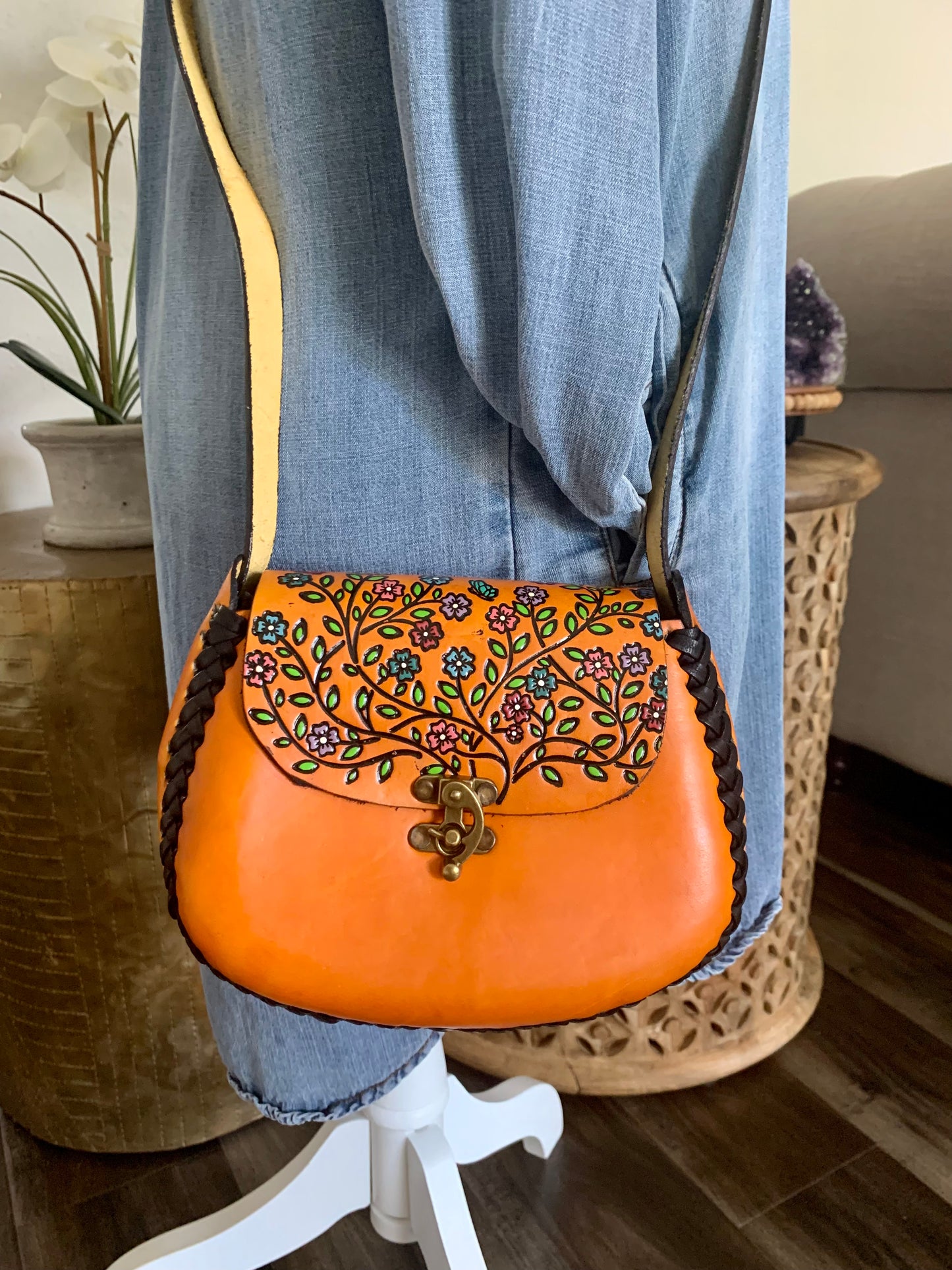 Small Bohemian Mexican Leather Floral Purse