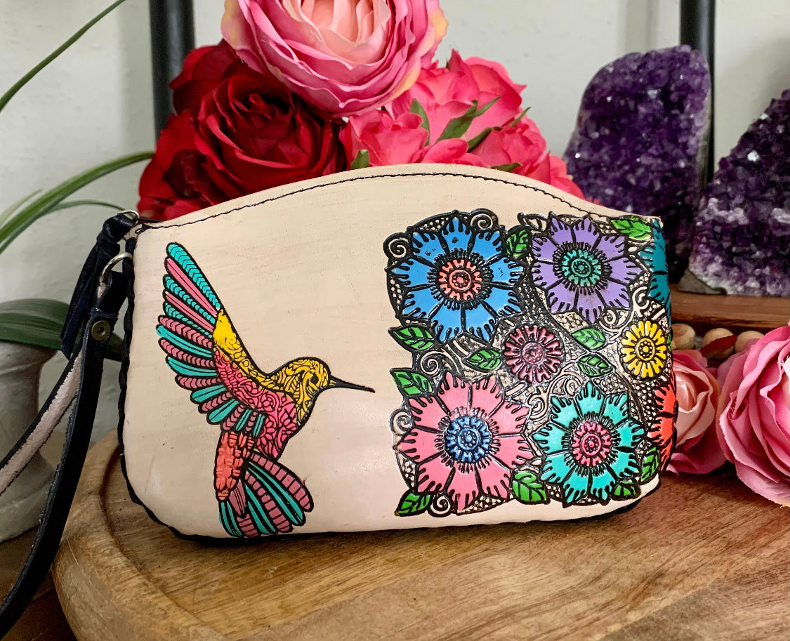 Hand-tooled Mexican Leather Hummingbird Wristlet