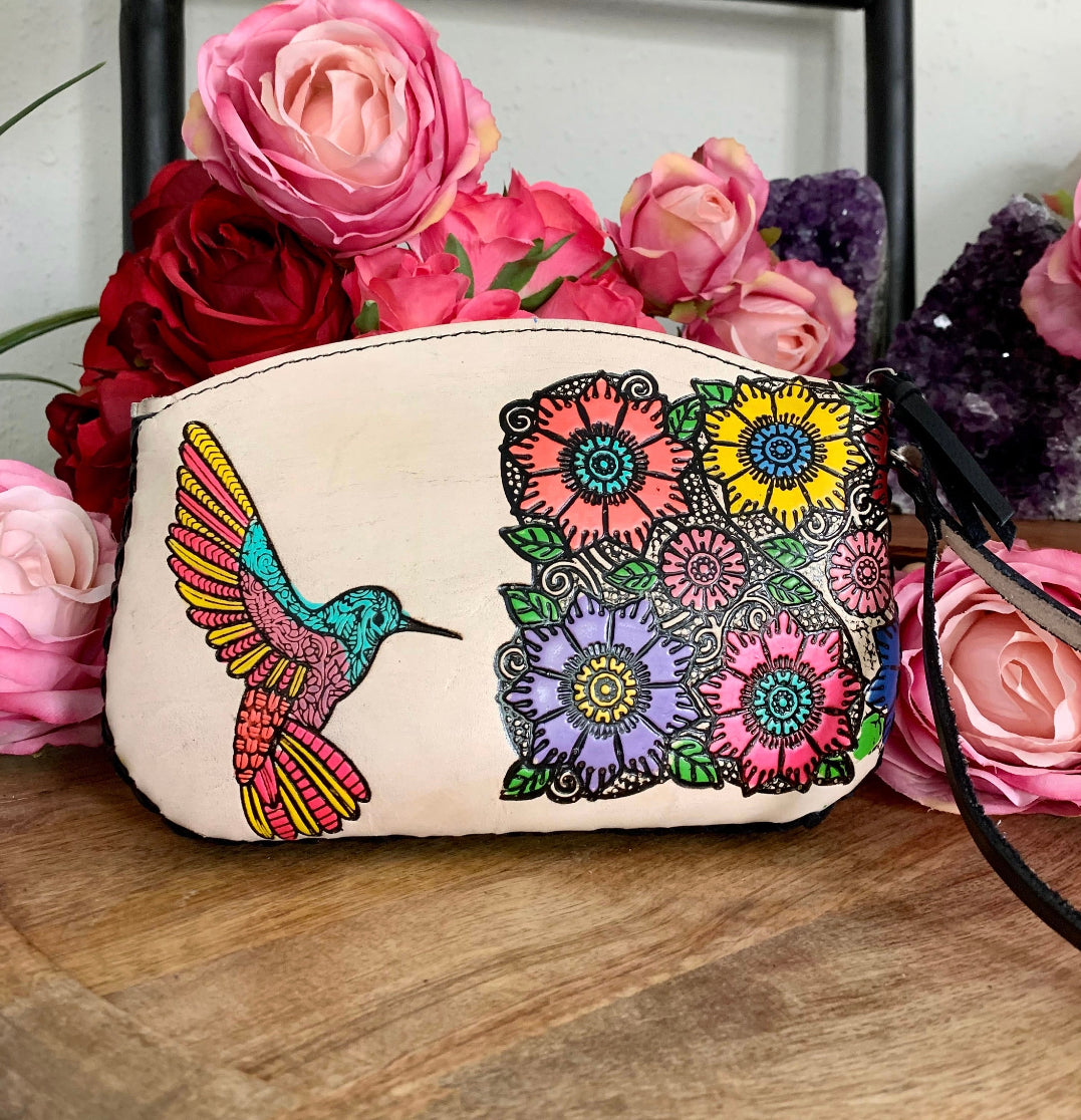 Hand-tooled Mexican Leather Hummingbird Wristlet