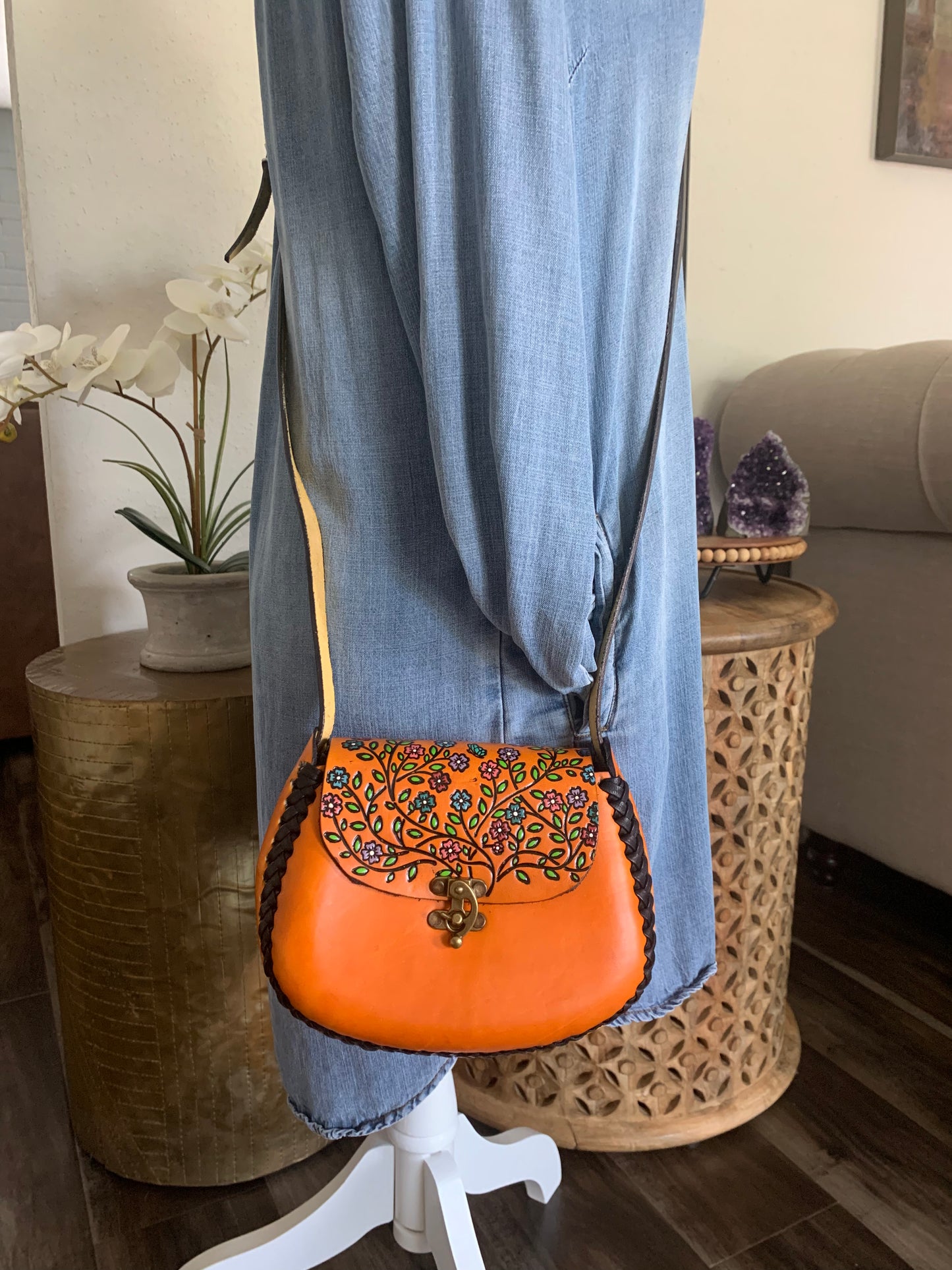 Small Bohemian Mexican Leather Floral Purse