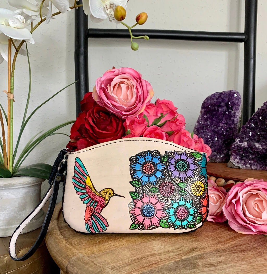 Hand-tooled Mexican Leather Hummingbird Wristlet