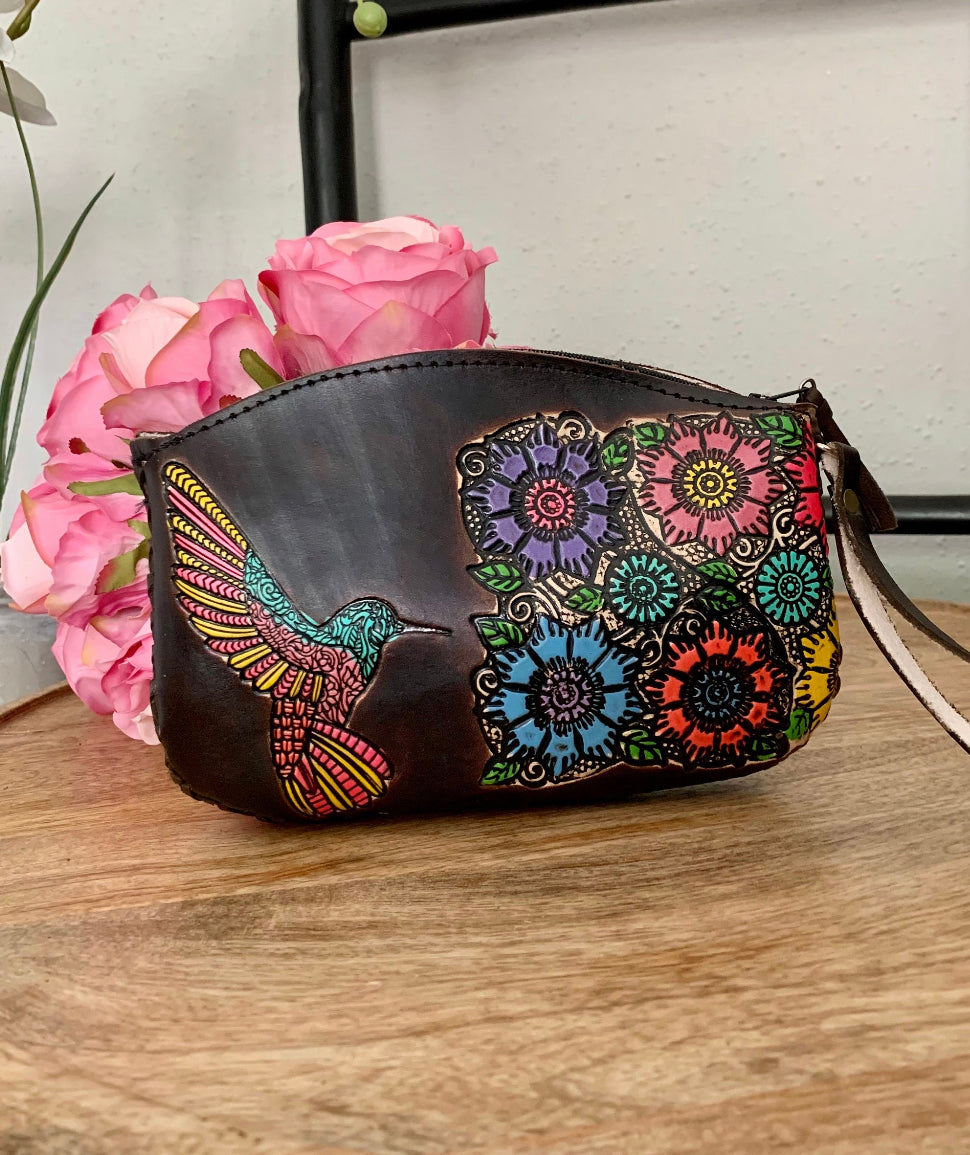 Hand-tooled Mexican Leather Hummingbird Wristlet