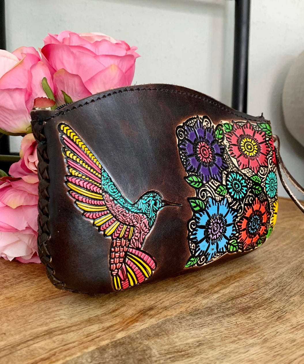 Hand-tooled Mexican Leather Hummingbird Wristlet