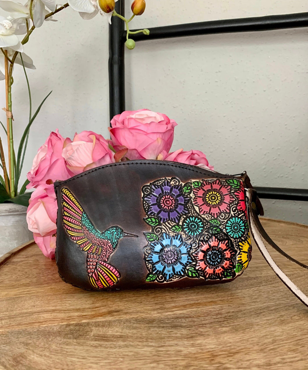 Hand-tooled Mexican Leather Hummingbird Wristlet