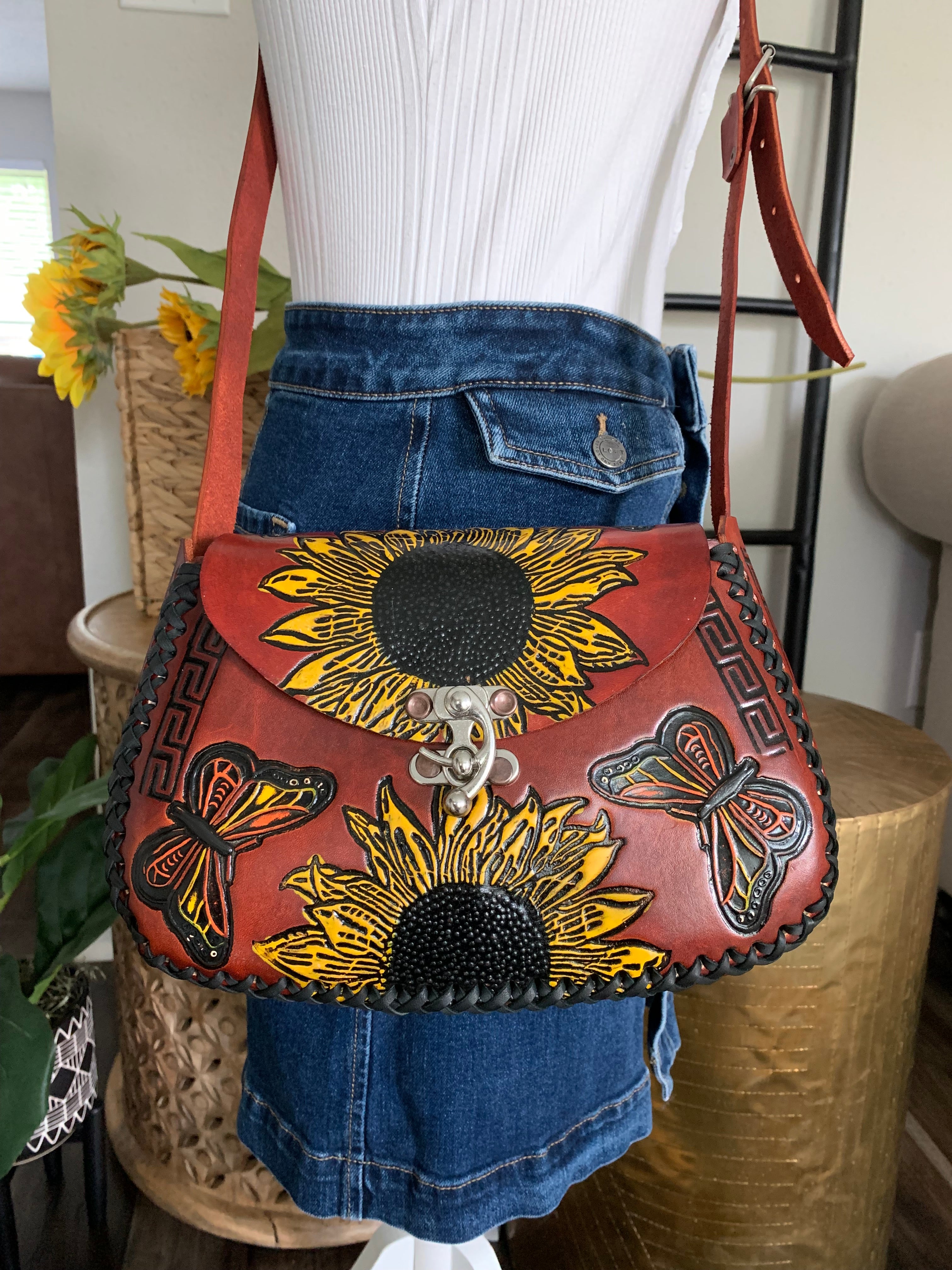 70s HIPPIE LEATHER BAG, Butterfly Tooled Vintage Leather Purse | Maya's  Curiosities