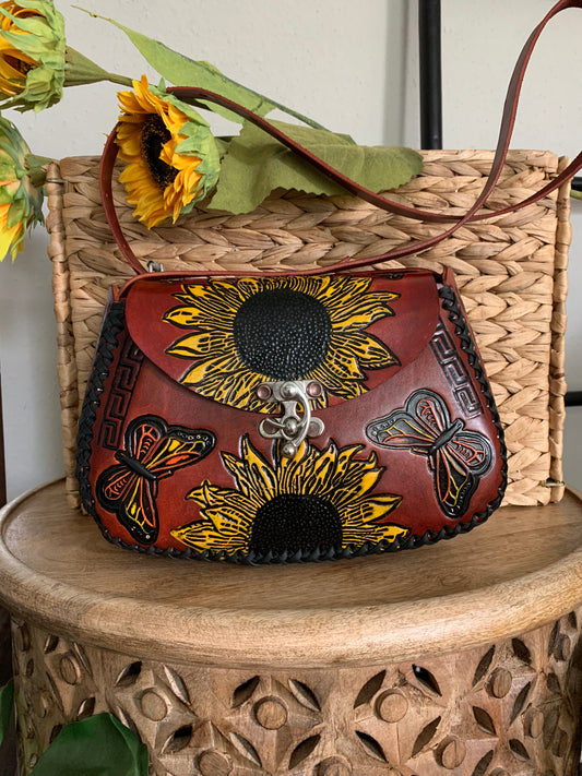 Hand Tooled Sunflower and Butterfly Leather Purse