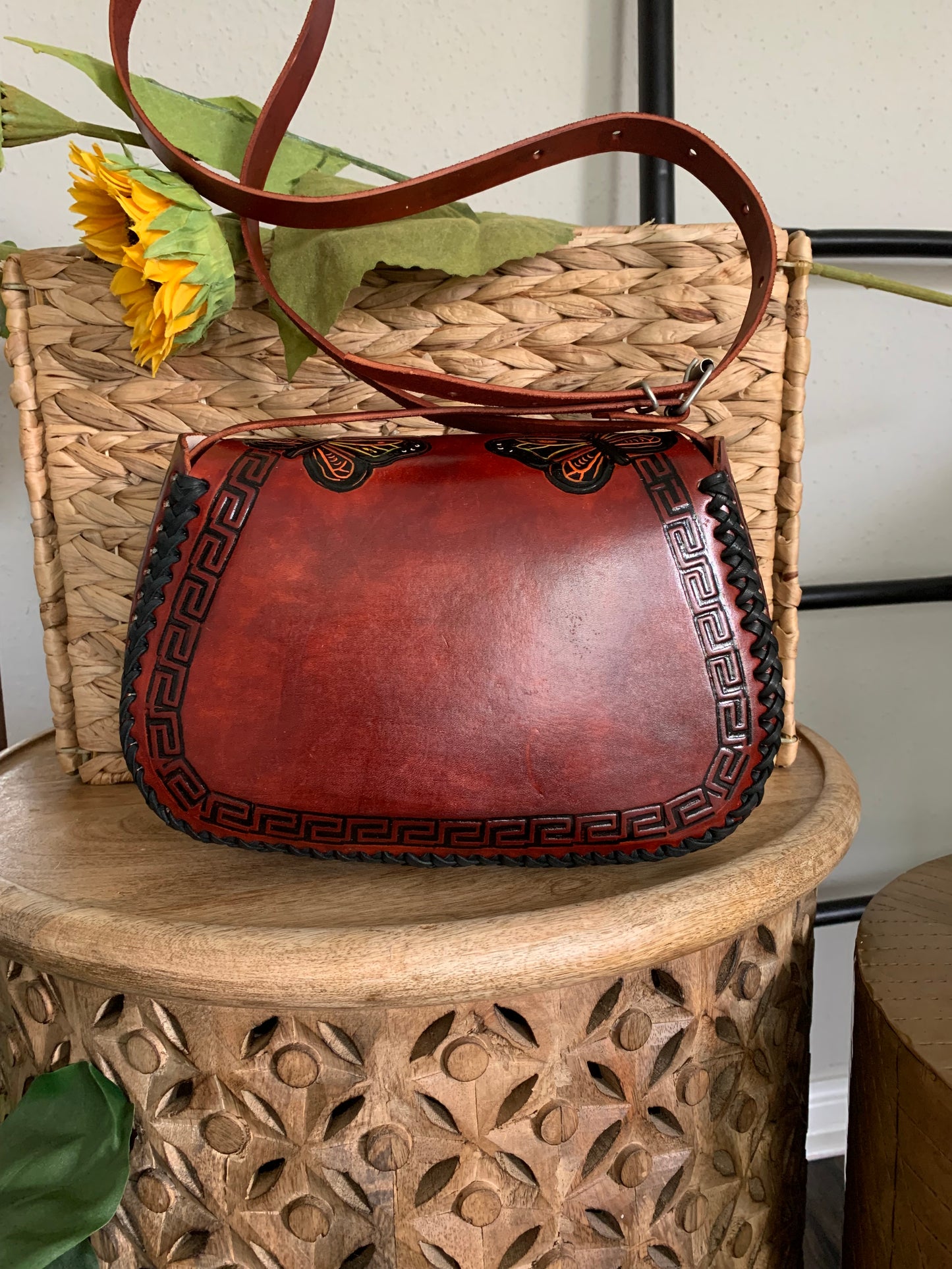 Hand Tooled Sunflower and Butterfly Leather Purse