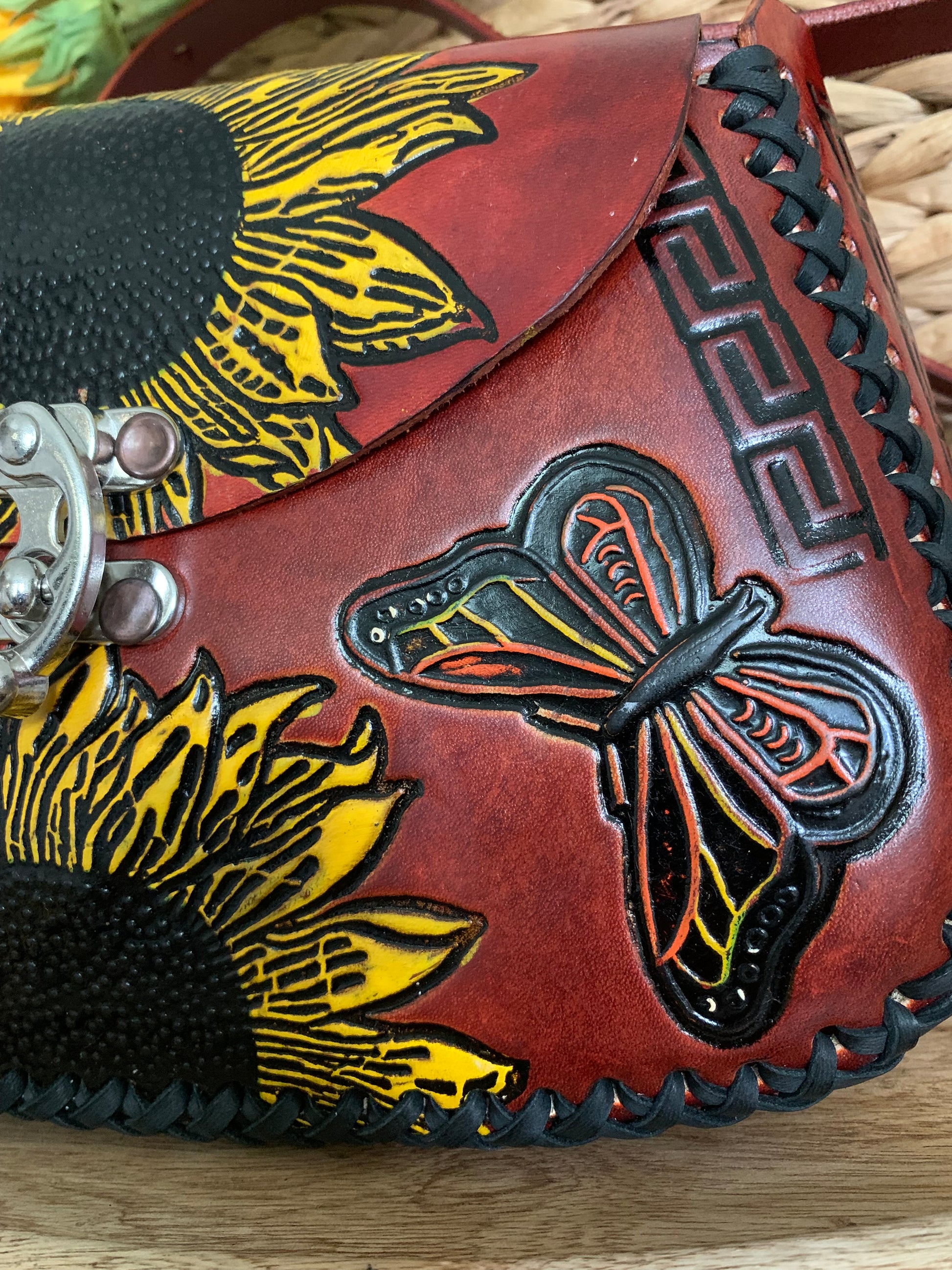 The Arena Leather Fringe Purse with Hand Tooled Sunflower