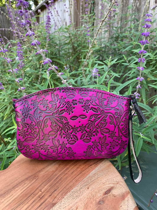 Hand-tooled Mexican Leather Floral Wristlet