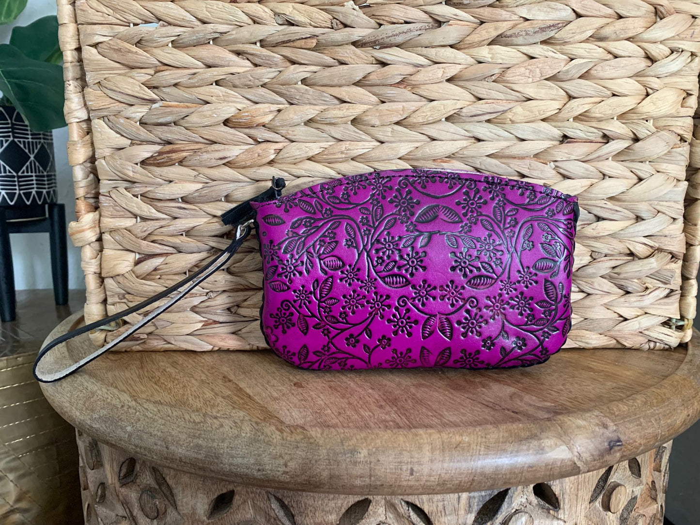 Hand-tooled Mexican Leather Floral Wristlet