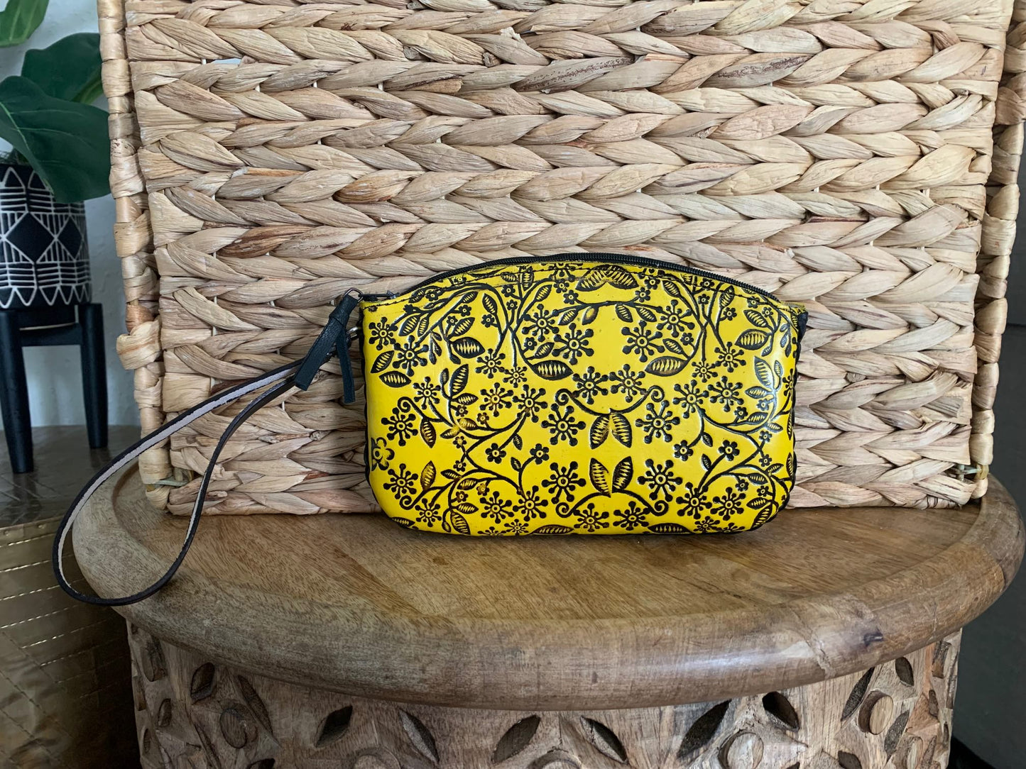 Hand-tooled Mexican Leather Floral Wristlet