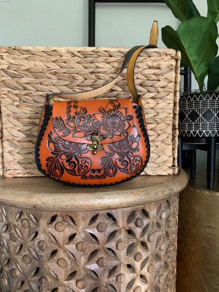 Hand-Tooled Leather Orange Floral Purse, Handmade Mexican Bag, Artesanal