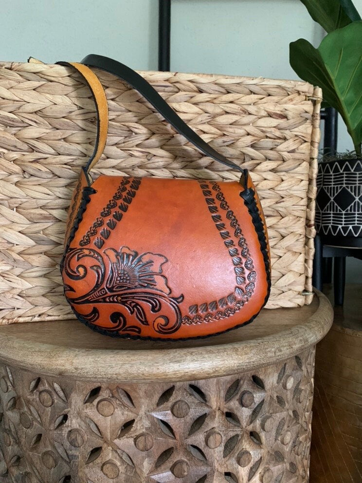 Hand-Tooled Leather Orange Floral Purse, Handmade Mexican Bag, Artesanal