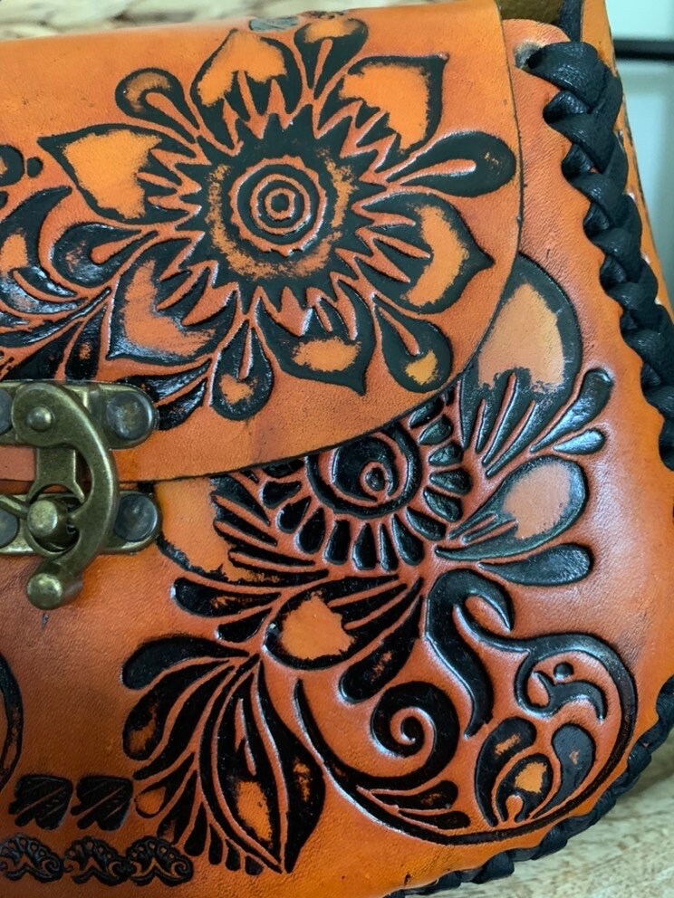 Hand-Tooled Leather Orange Floral Purse, Handmade Mexican Bag, Artesanal