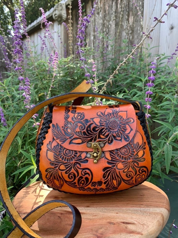 Hand-Tooled Leather Orange Floral Purse, Handmade Mexican Bag, Artesanal