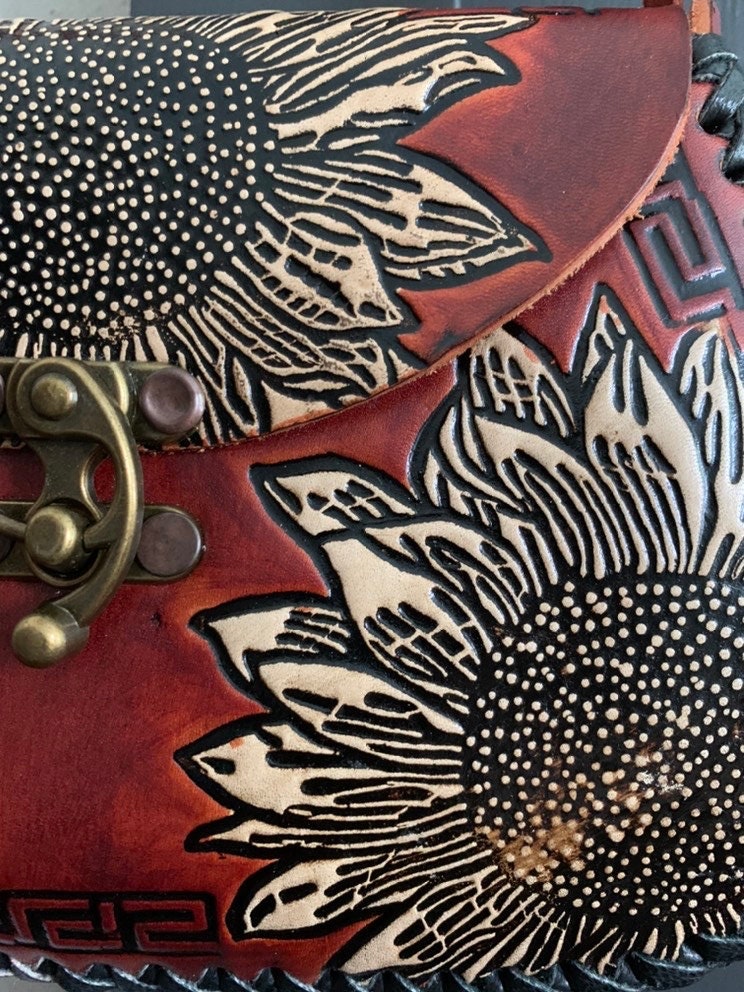 Leather Hand-Tooled Embossed Mexican Floral Handbag, Handmade Sunflower Purse, Artesanal Bag