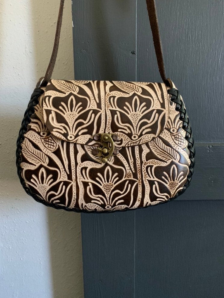 Hand-Tooled Embossed Mexican Leather Floral Purse / Handmade Leather Bag / Handpainted / Artesanal