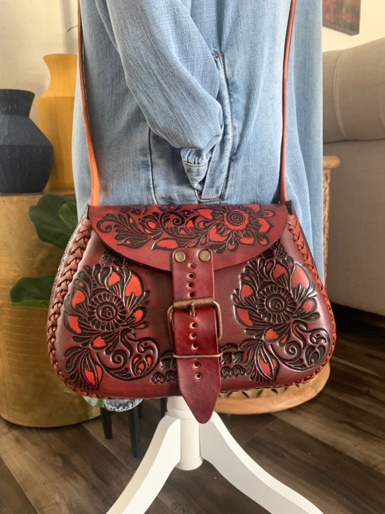 Vintage Bag Handbag Tooled Leather Handbag Purse Boho Hippie outlet Carved Floral Brown