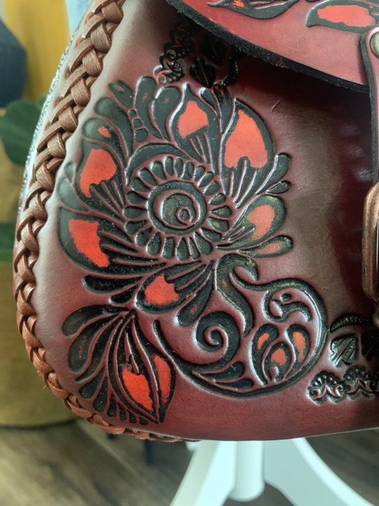 Hand-Tooled Embossed Leather, Mexican Floral Purse, Handmade Handbag, Bolsa de Piel, Artesanal Leather Crossbody