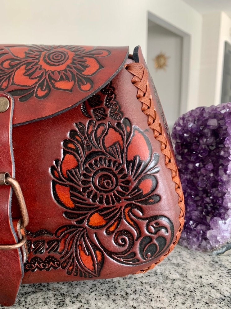 Hand-Tooled Embossed Leather, Mexican Floral Purse, Handmade Handbag, Bolsa de Piel, Artesanal Leather Crossbody