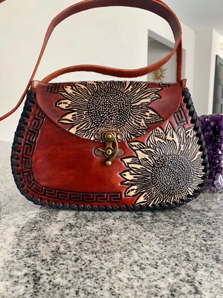 Leather Hand-Tooled Embossed Mexican Floral Handbag, Handmade Sunflower Purse, Artesanal Bag