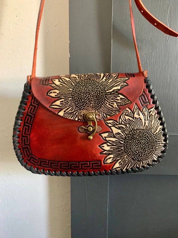 Leather Hand-Tooled Embossed Mexican Floral Handbag, Handmade Sunflower Purse, Artesanal Bag