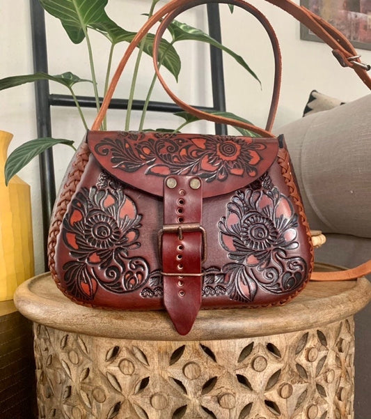 Hand-Tooled Embossed Leather, Mexican Floral Purse, Handmade Handbag, Bolsa de Piel, Artesanal Leather Crossbody