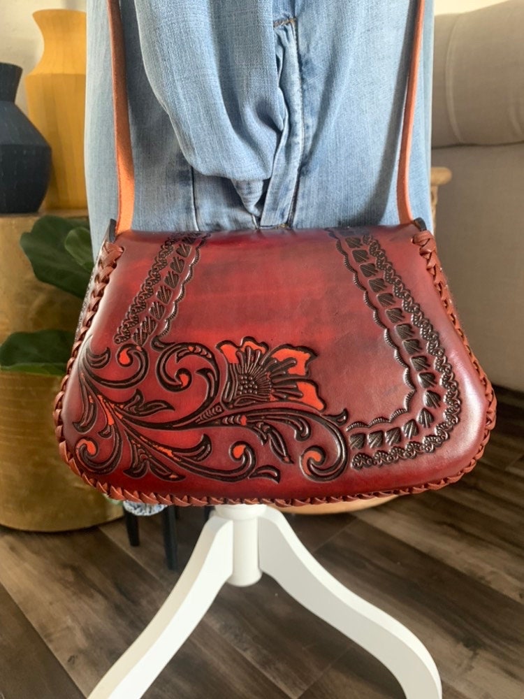 Hand-Tooled Embossed Leather, Mexican Floral Purse, Handmade Handbag, Bolsa de Piel, Artesanal Leather Crossbody