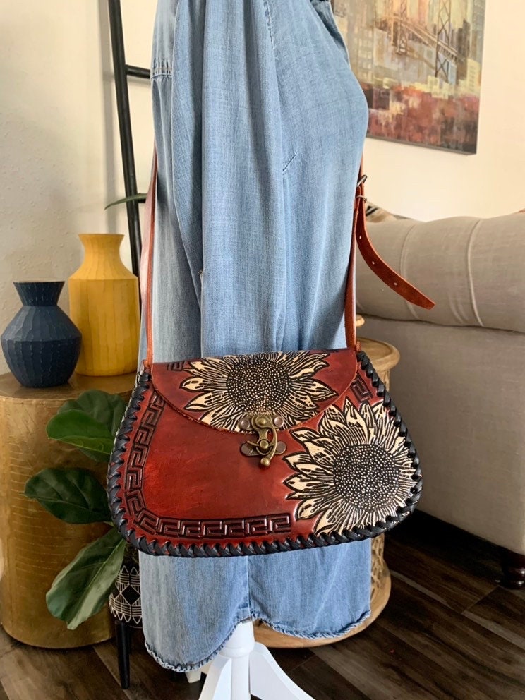 Leather Hand-Tooled Embossed Mexican Floral Handbag, Handmade Sunflower Purse, Artesanal Bag