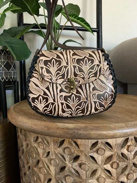 Hand-Tooled Embossed Mexican Leather Floral Purse / Handmade Leather Bag / Handpainted / Artesanal