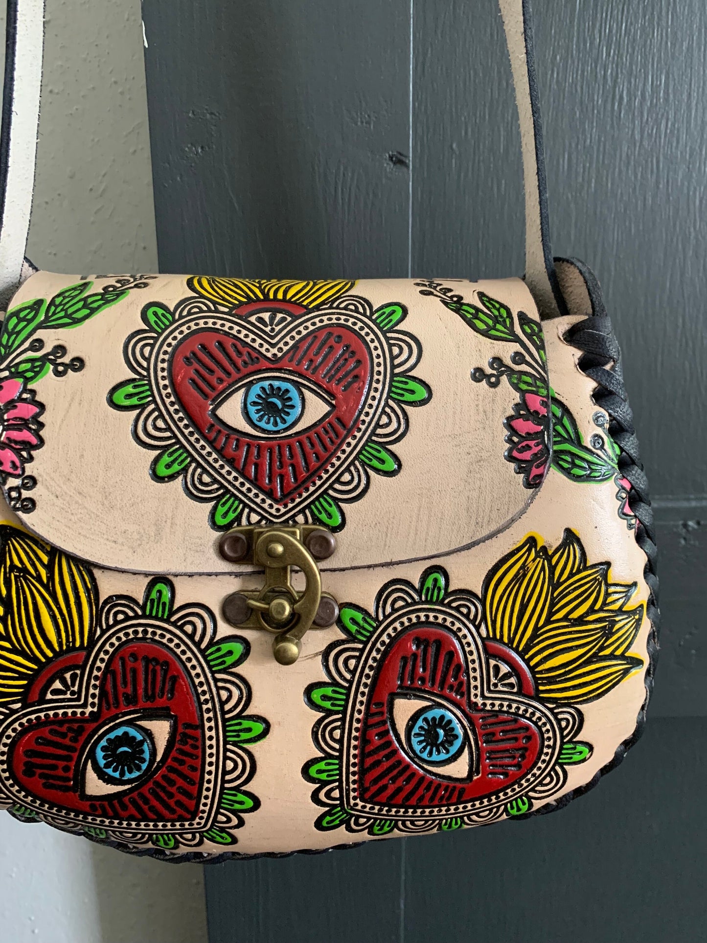 Hand-Tooled Embossed Mexican Leather Floral Purse, Evil Eye Handmade Leather handbag, Hand painted Mal De Ojo, Artesanal