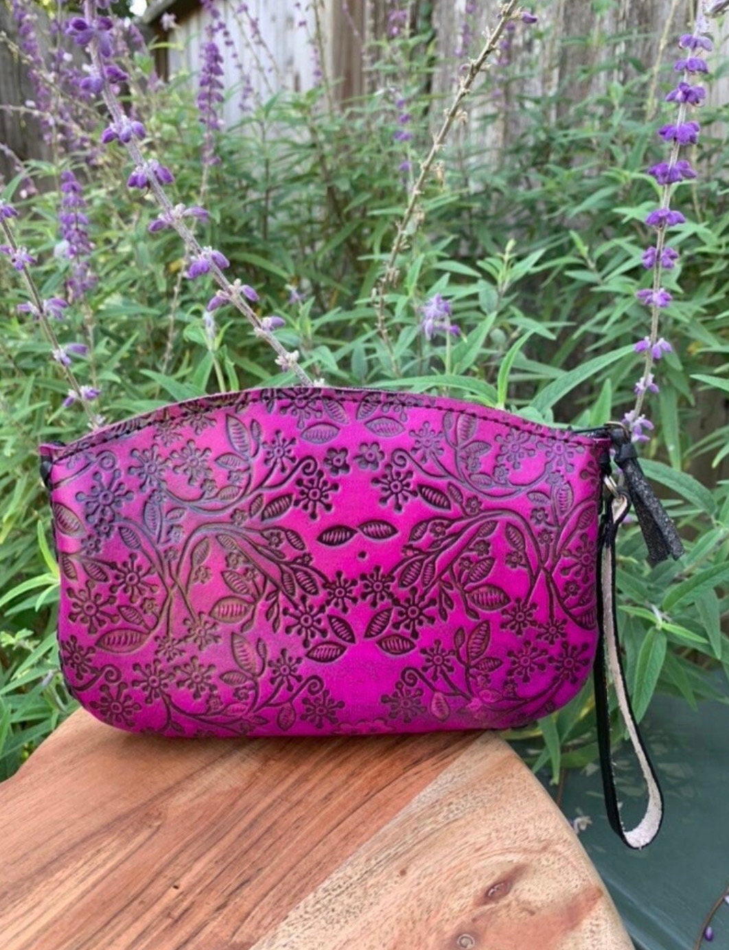 Hand-Tooled Embossed Leather Wristlet