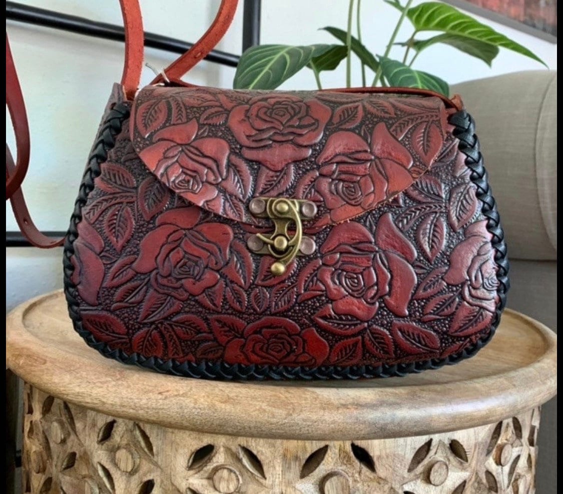 Leather Hand-Tooled Embossed Mexican Floral Handbag, Handmade Flower 90’s Motif Purse, Artesanal Bag