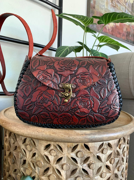 Leather Hand-Tooled Embossed Mexican Floral Handbag, Handmade Flower 90’s Motif Purse, Artesanal Bag