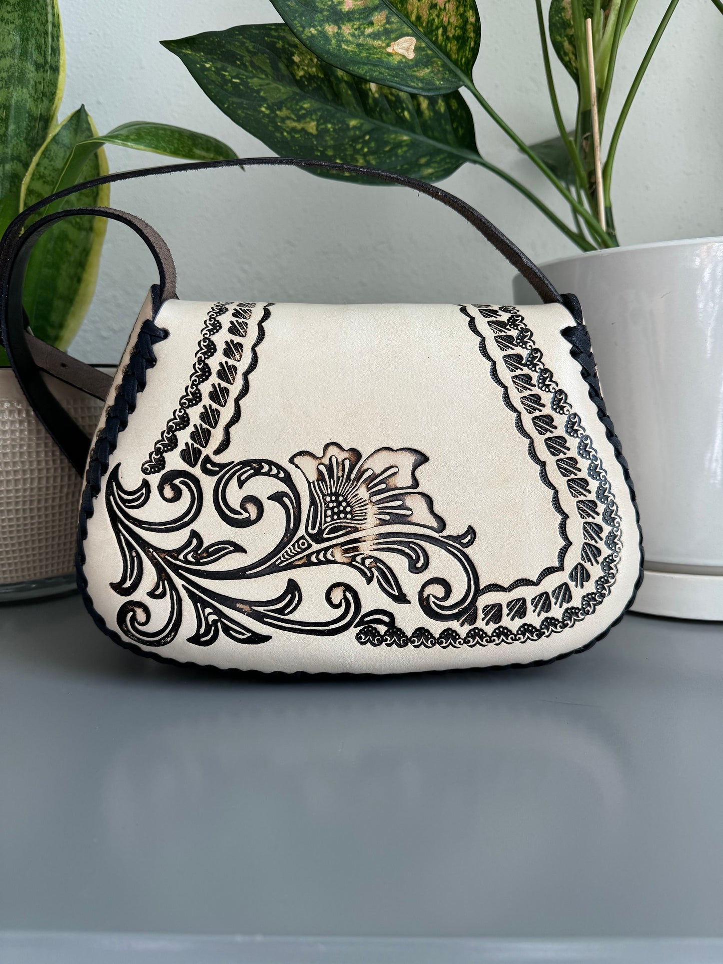 Leather Hand-Tooled Embossed Mexican Floral Purse, Handmade Handbag, Artesanal